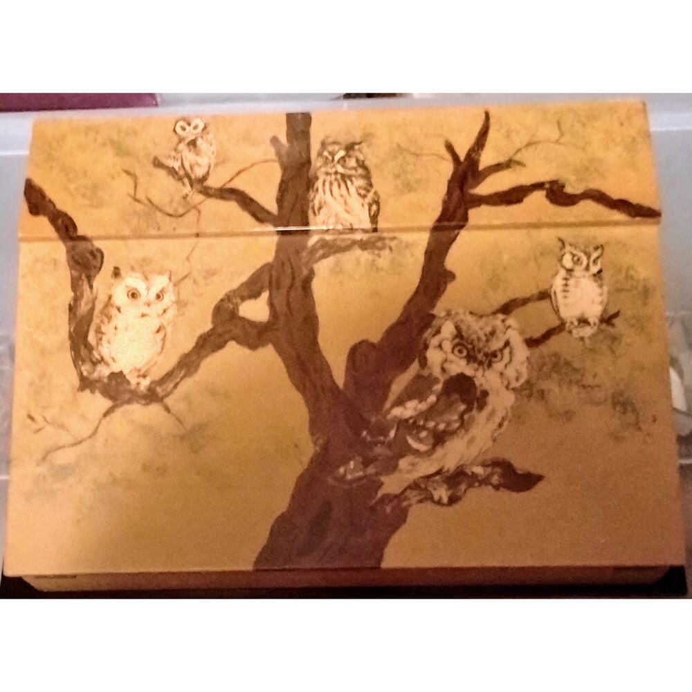Vintage 1970s Owl Lap Desk Organizer Box Decoupage Cottagecore Desk Decor